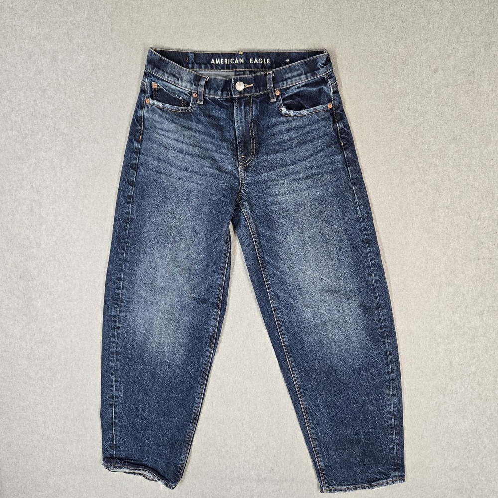 American Eagle Women Jeans 0 Blue Denim Barrel Mid Rise Medium Wash 28" Inseam